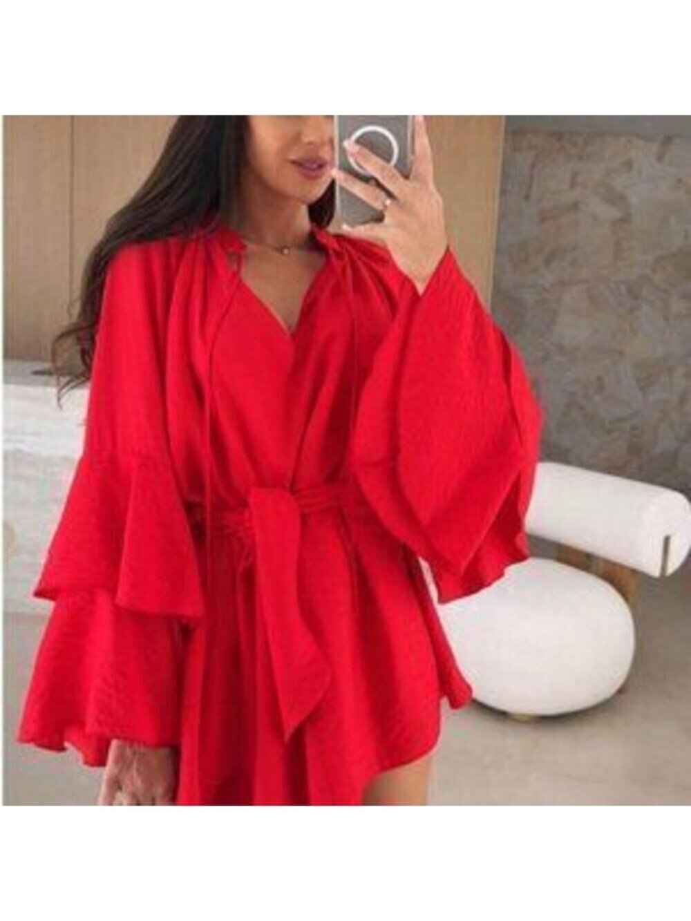 Red Glam Women's V-Neck Asymmetrical Tie-Up Long Sleeve Loose Mini Dress - Picture 2 of 4